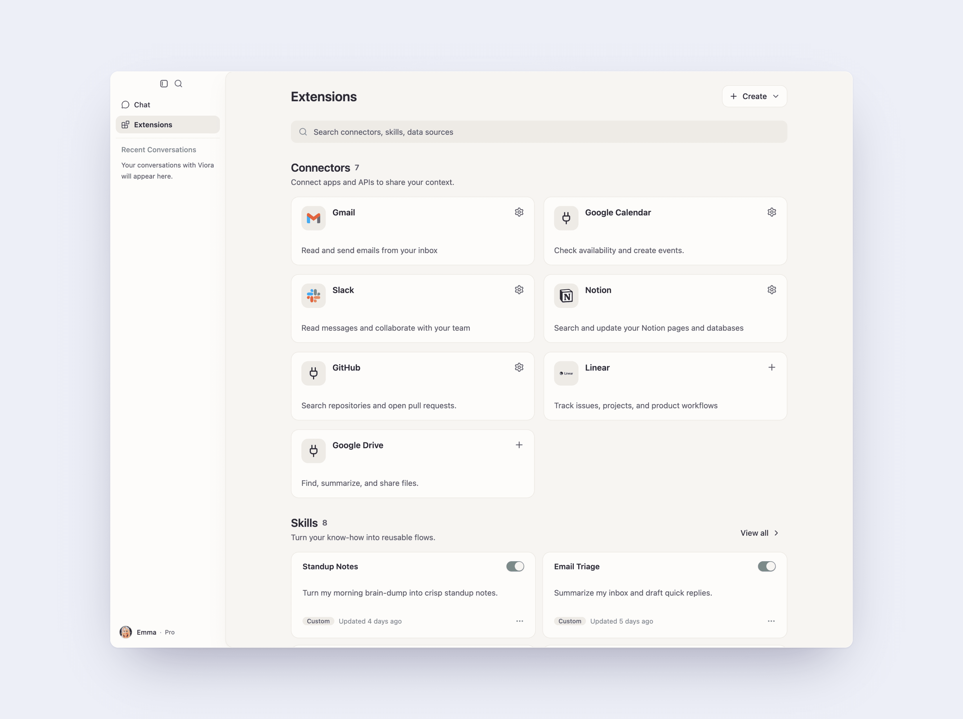 Viora Extensions 页面,显示已连接的应用和技能