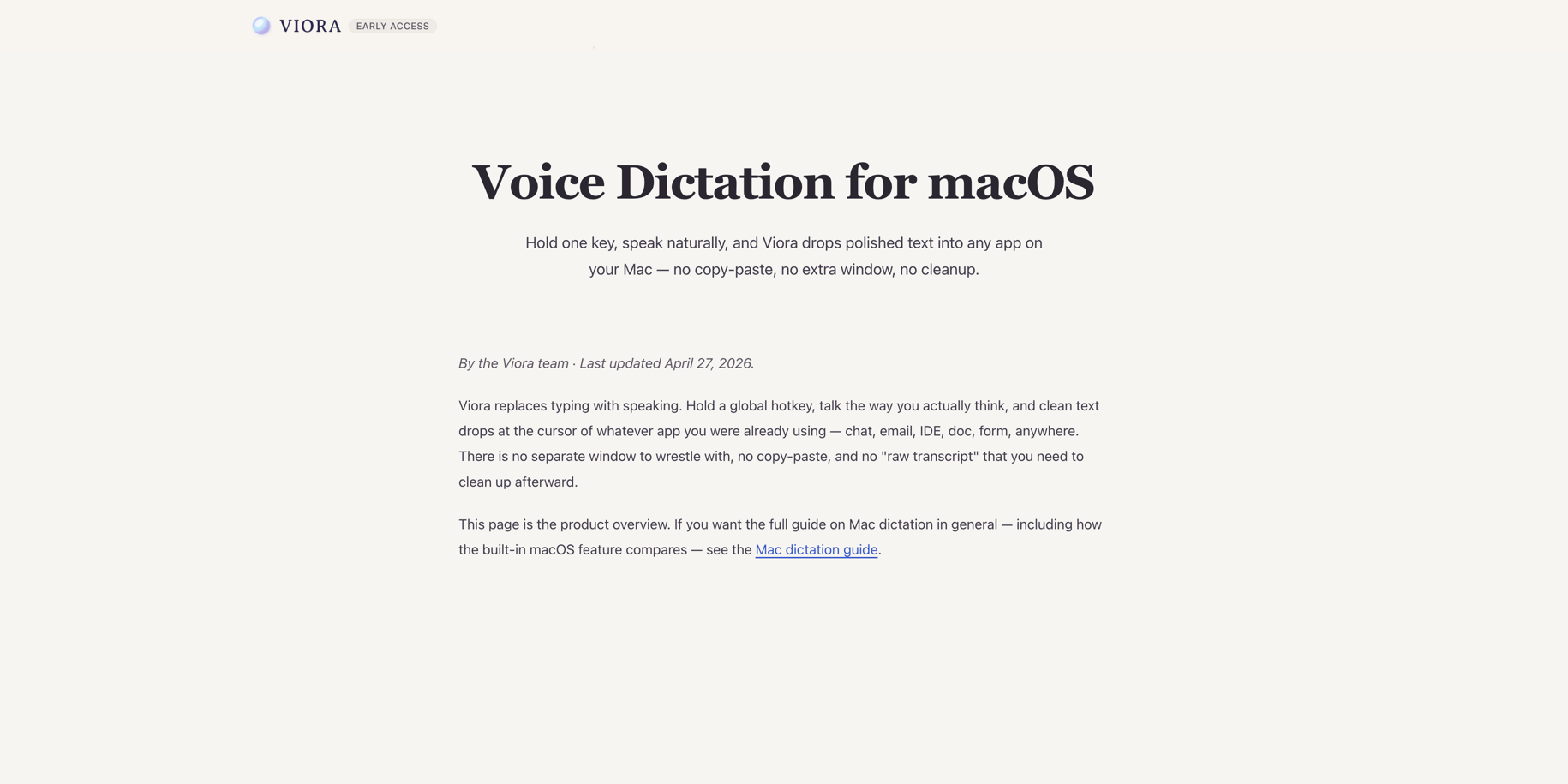 Viora voice dictation feature page showing the hold-to-speak workflow