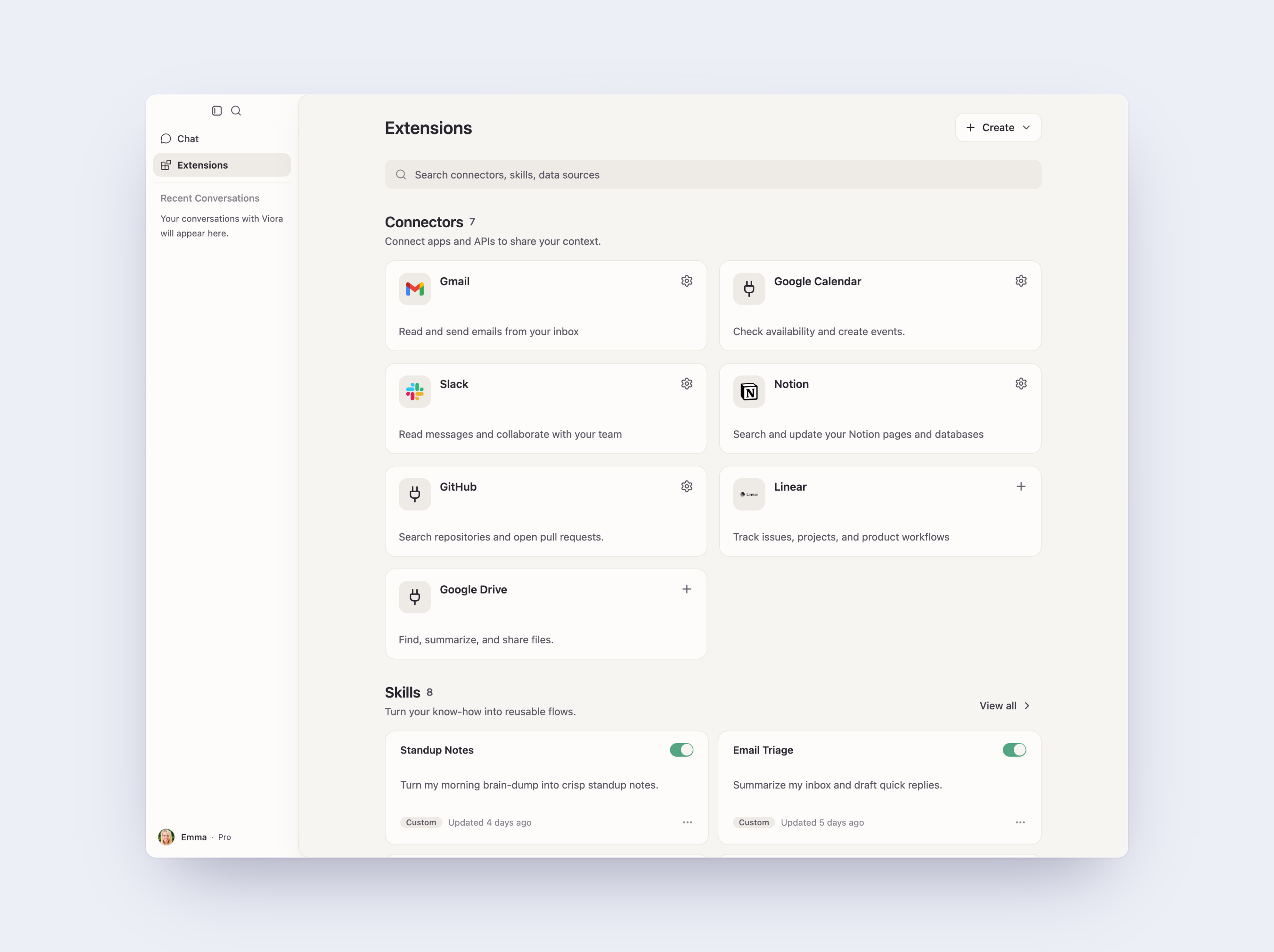 Viora extensions page showing connectors and custom skills